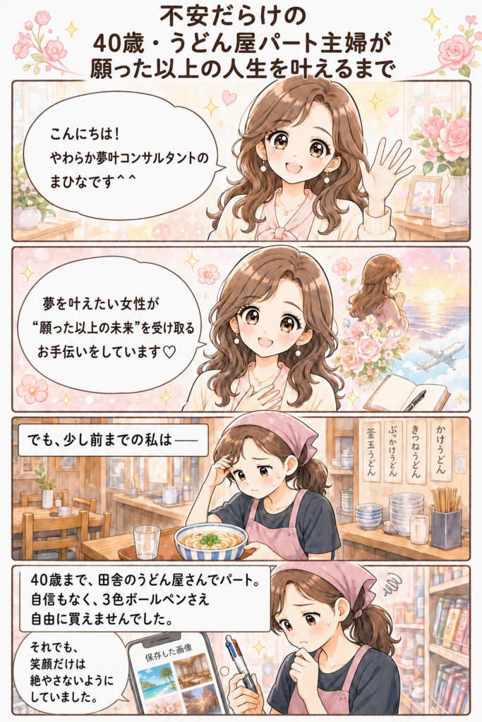 夢叶ストーリー漫画1:不安だらけの40歳・うどん屋パート主婦が願った以上の人生を叶えるまで